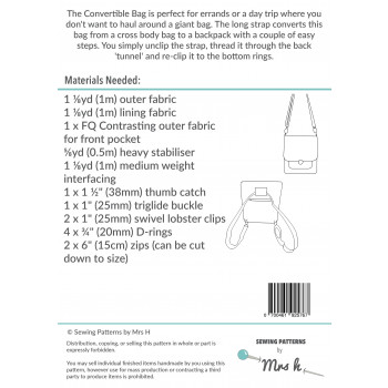 The Convertible Bag sewing pattern by Mrs H: back cover