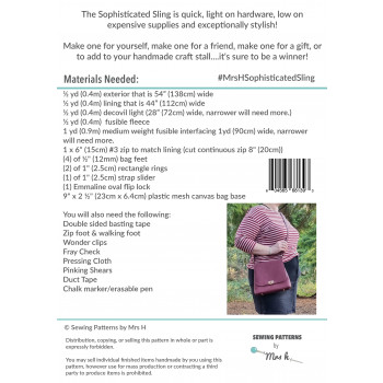 The Sophisticated Sling bag sewing pattern from Sewing Patterns by Mrs H - back cover