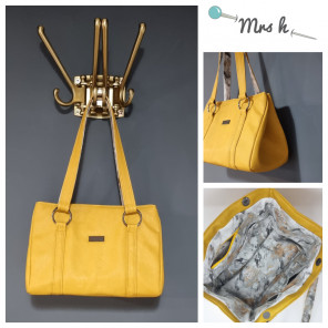 The Happy Handbag Sewing Pattern by Mrs H made in mustard yellow Mora faux leather from Emmaline Bags