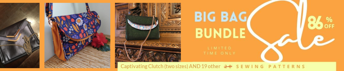 Big Bag Bundle Sale banner, featuring the Captivating Clutch pattern from Sewing Patterns by Mrs H