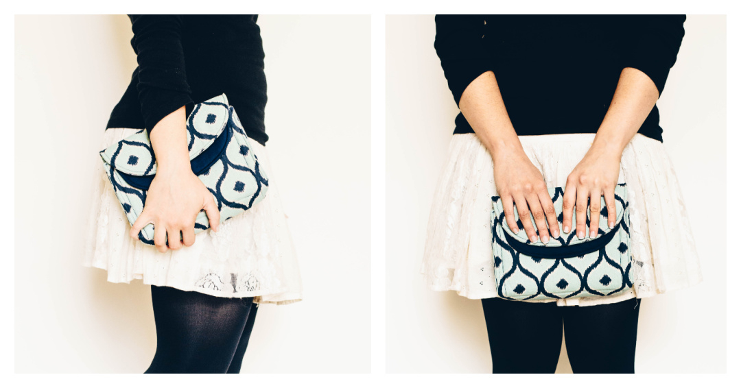 Starlet Clutch (Captivating Clutch) from Sewing Patterns by Mrs H in blue fabrics
