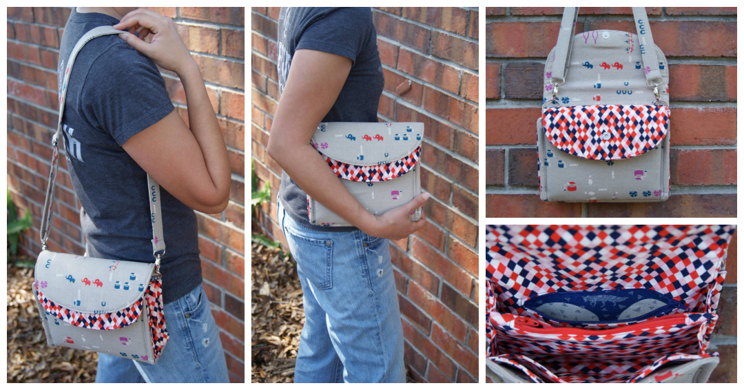 Starlet Clutch (Captivating Clutch) made by Isabelle Kern in grey fabric patterned with elephants, with a red blue and white geometric print accent fabric, and with a hidden fox in the inside pocket