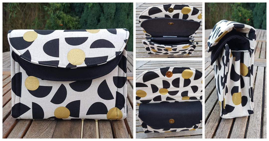 Starlet Clutch (Captivating Clutch) made by Lynne from Lynne's Selections in white fabric printed with black and gold