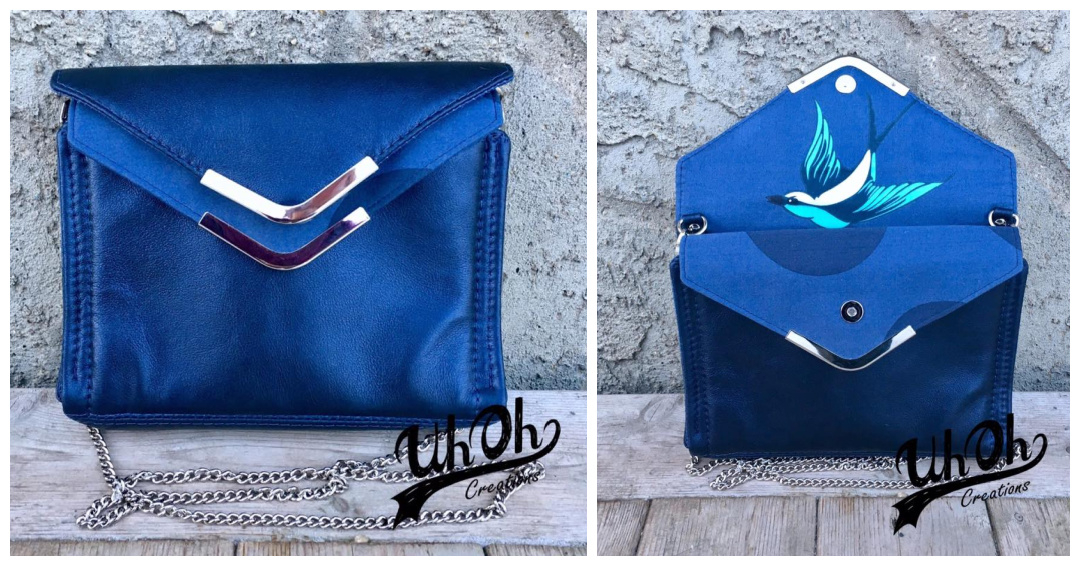 Starlet Clutch (Captivating Clutch) made by Tara from UhOh Creations in blue fabric, with the alternative flap option