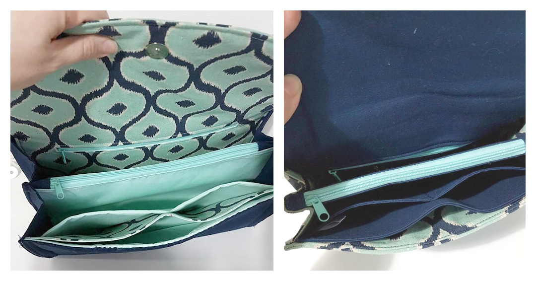 Pockets inside the Leading Lady Oversized Clutch and Starlet Clutch (Captivating Clutch) from Sewing Patterns by Mrs H