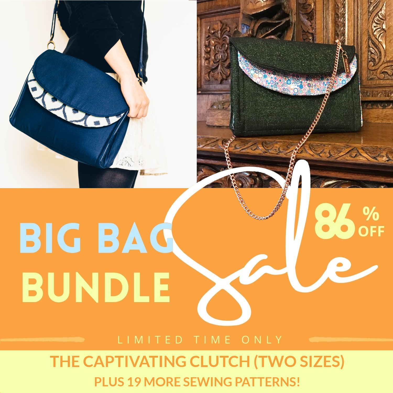 Big Bag Bundle Sale 86% discount, showing the Captivating Clutch from Sewing Patterns by Mrs H in two sizes