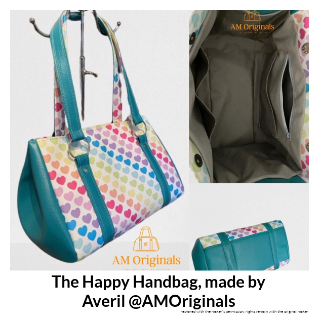 The Happy Handbag from Sewing Patterns by Mrs H made by Averil Milton from AM Originals in rainbow heart print fabric with teal blue sides and straps
