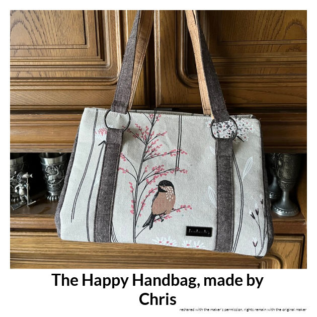 The Happy Handbag from Sewing Patterns by Mrs H made by Chris in a bird print fabric with grey strap handles