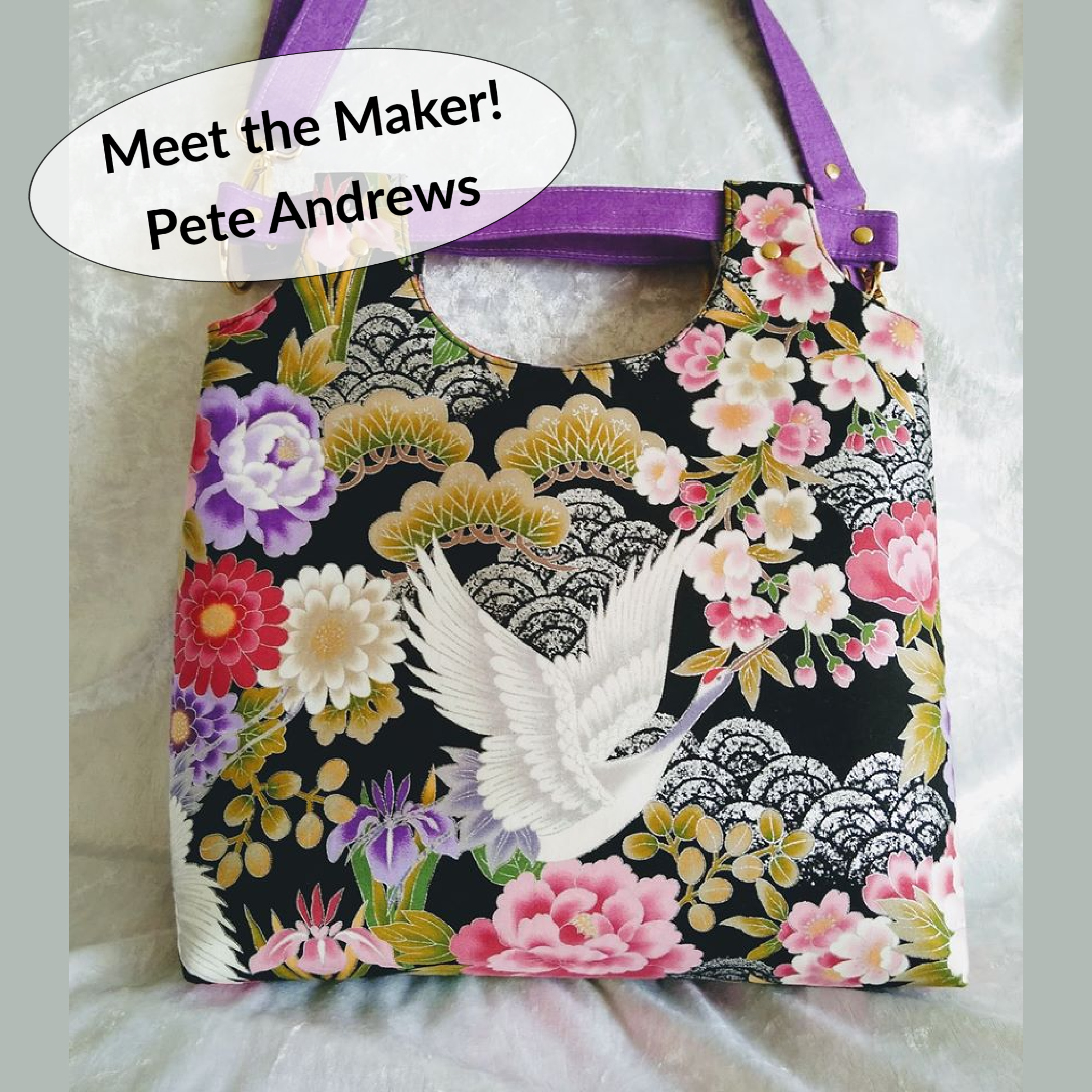 The Loopy Lou Bag from Sewing Patterns by Mrs H, made in a Japanese crane fabric with purple and gold accents by Pete of Ernehale Designs