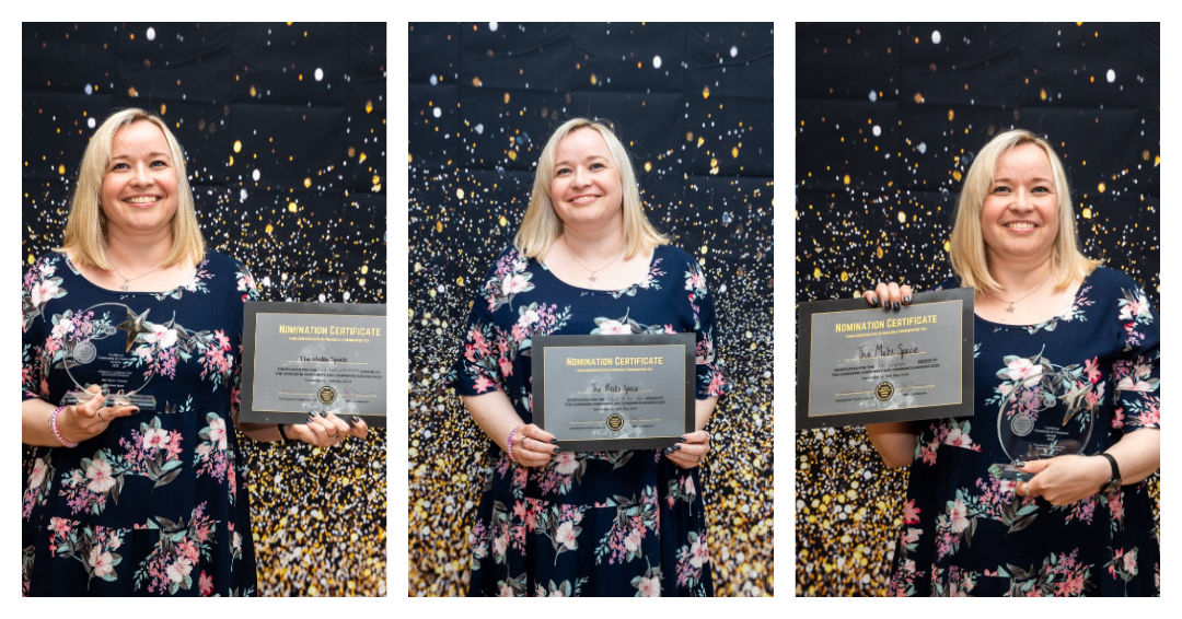 A collage of three images of Mrs H, a light-skinned woman with blonde hair, smiling at the camera while holding awards.
