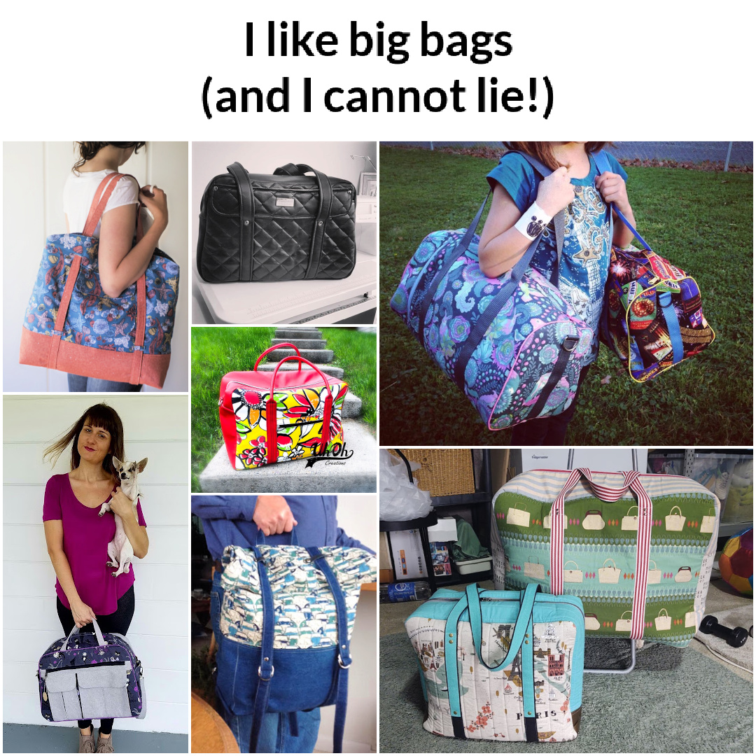 Large bag sewing patterns for overnight bags, nappy bags, and travel bags