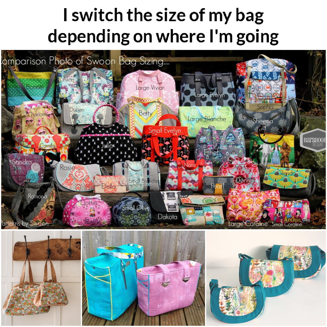 Bag sewing patterns in multiple sizes