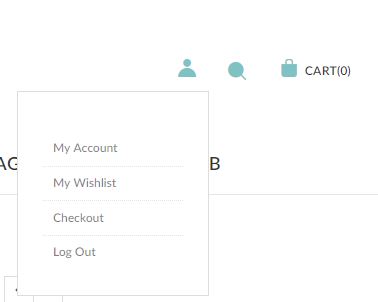 Screenshot showing three icons. A person, a magnifying glass, and a shopping bag with the text Cart. Below the icon of the person is a series of menu items - My Account, My Wishlist, Checkout, Logout.
